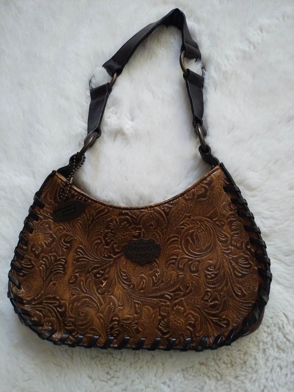 BONGO Brown Tooled Leather Shoulder Bag with Dark Trim